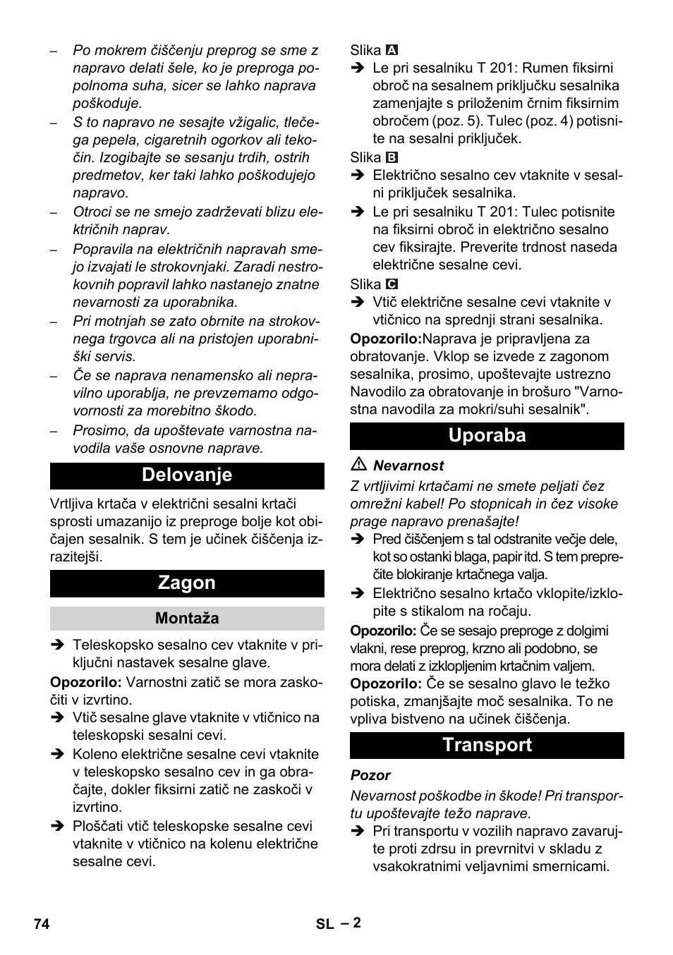 Delovanje zagon, Uporaba transport | Karcher T 12-1 User Manual | Page 74 / 120