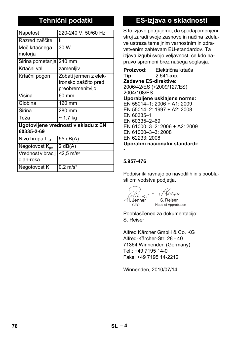 Tehnični podatki, Es-izjava o skladnosti | Karcher T 12-1 User Manual | Page 76 / 120