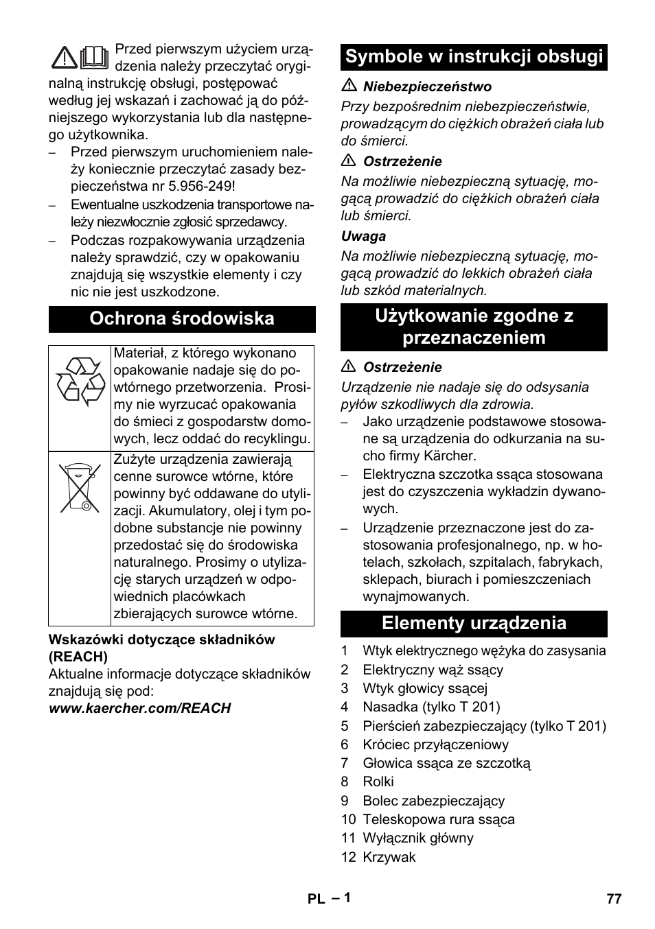 Polski, Ochrona środowiska | Karcher T 12-1 User Manual | Page 77 / 120