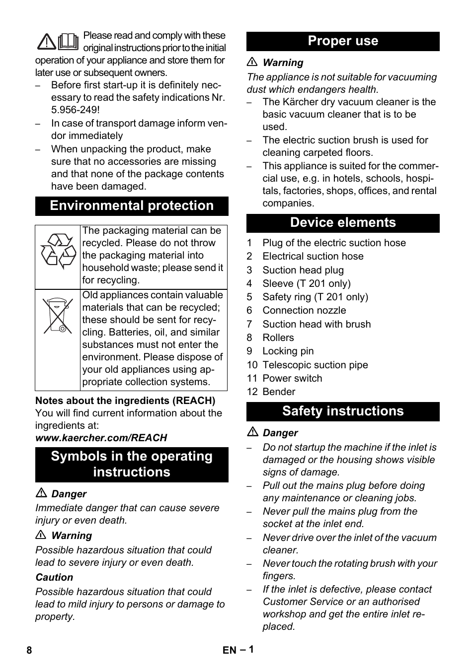 English, Environmental protection | Karcher T 12-1 User Manual | Page 8 / 120