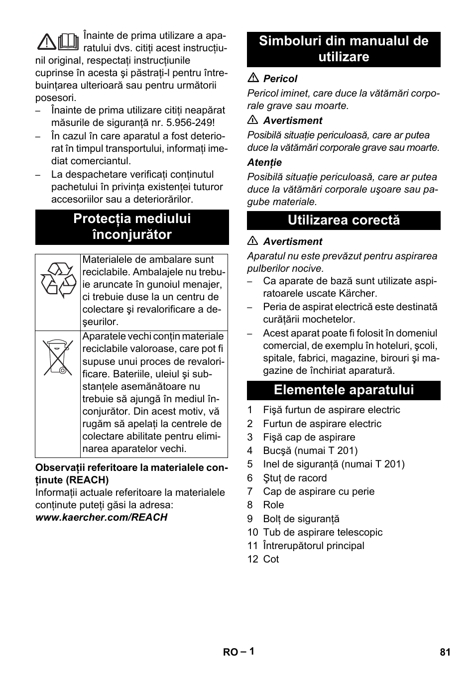 Româneşte, Românete, Protecţia mediului înconjurător | Karcher T 12-1 User Manual | Page 81 / 120