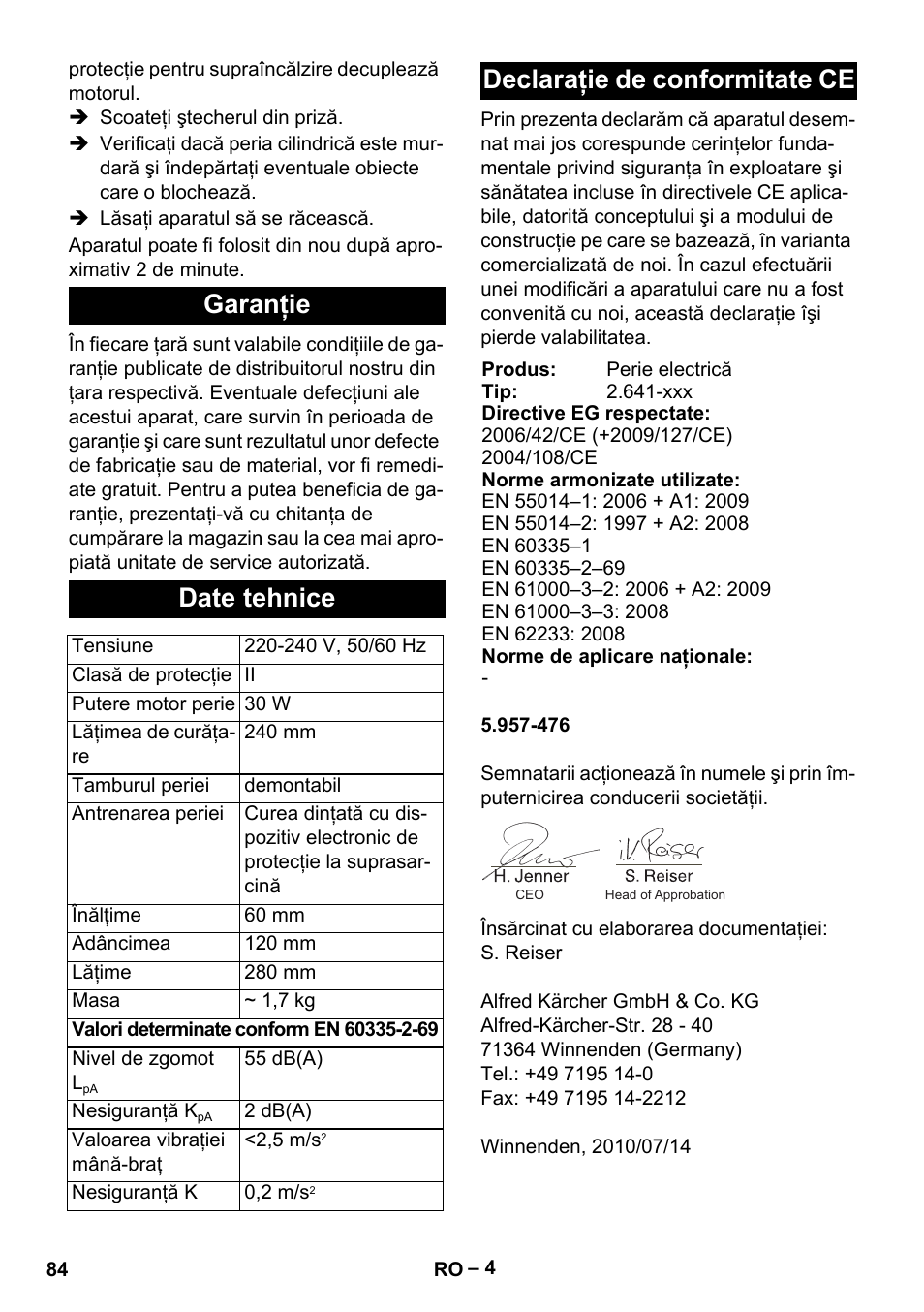 Garanţie date tehnice, Declaraţie de conformitate ce | Karcher T 12-1 User Manual | Page 84 / 120