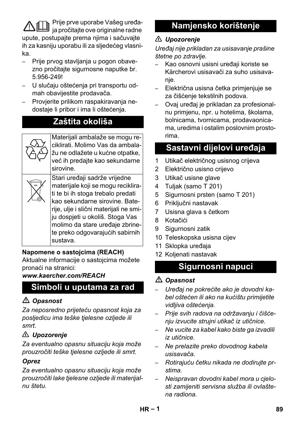 Hrvatski, Zaštita okoliša | Karcher T 12-1 User Manual | Page 89 / 120