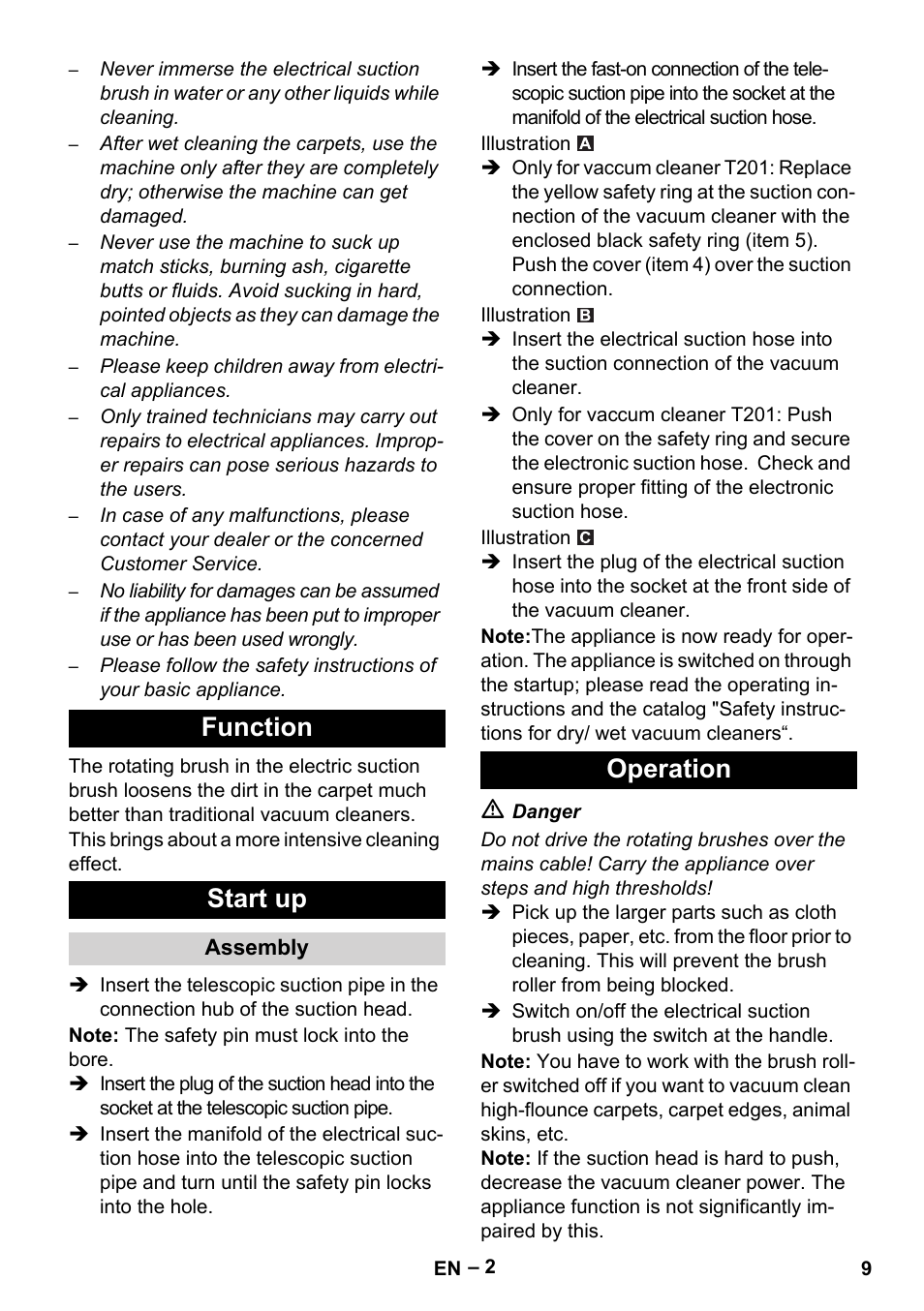 Function start up, Operation | Karcher T 12-1 User Manual | Page 9 / 120