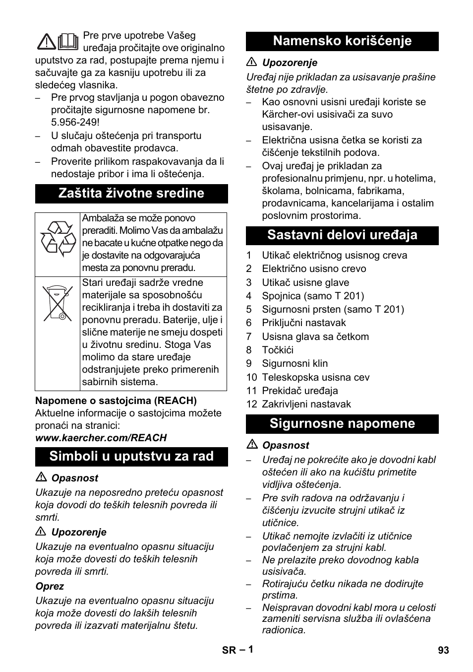 Srpski, Zaštita životne sredine | Karcher T 12-1 User Manual | Page 93 / 120