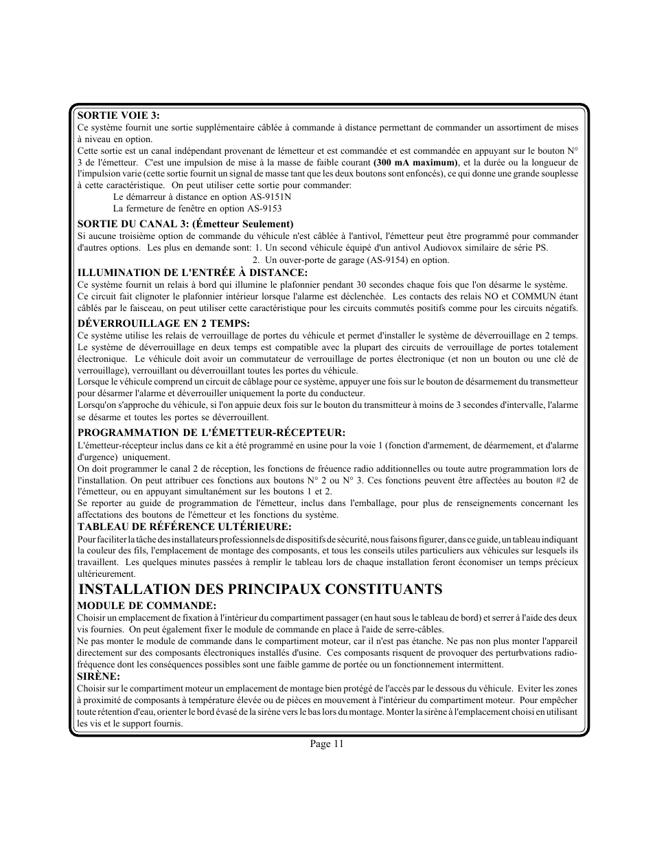 Installation des principaux constituants | Audiovox PS-330i User Manual | Page 12 / 27