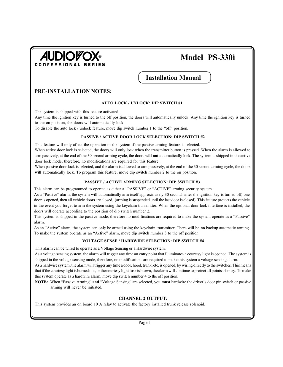 Model ps-330i, Installation manual | Audiovox PS-330i User Manual | Page 2 / 27