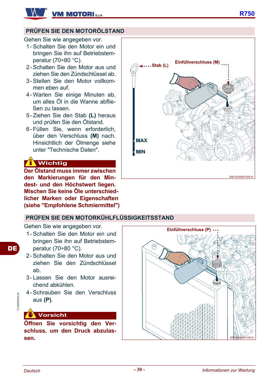 E "prüfen sie den motorölstand, E "prüfen sie den motorkühlflüssigkeits- stand, De r750 | Karcher HD 19-100 De Tr1 User Manual | Page 122 / 224