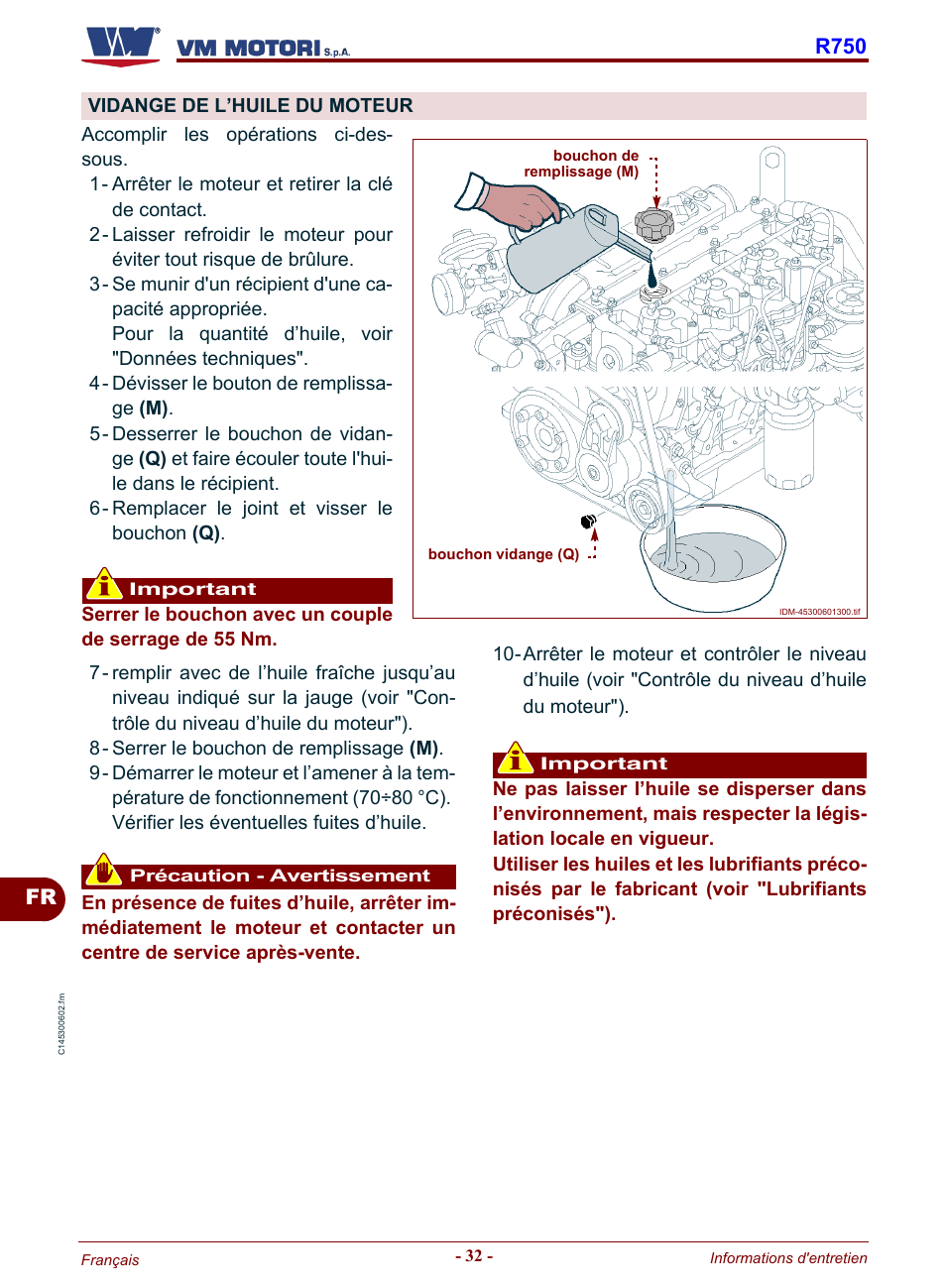 Vidange de l’huile du moteur, Vidange de, L’huile du moteur | Fr r750 | Karcher HD 19-100 De Tr1 User Manual | Page 168 / 224