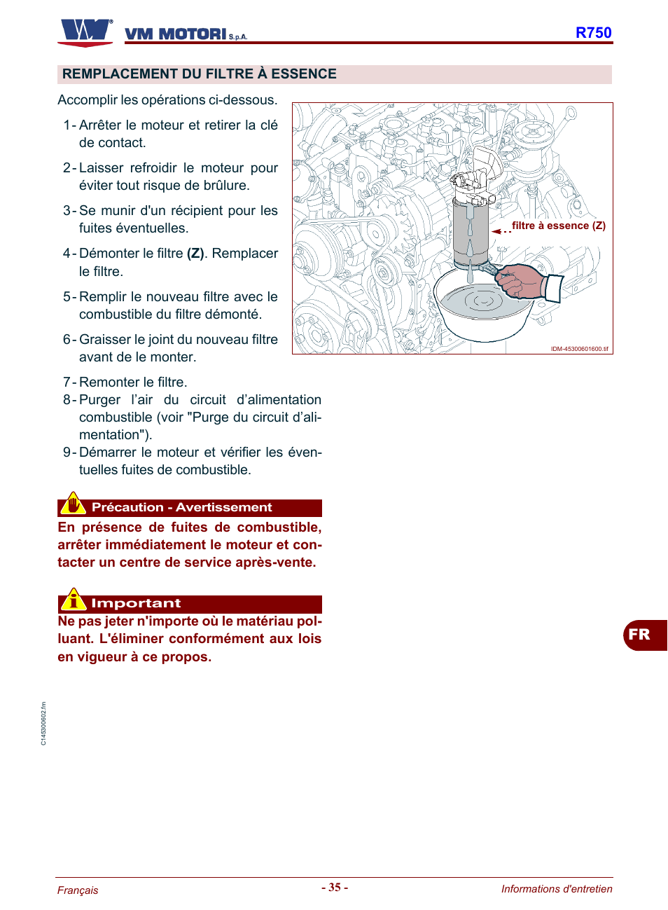 Remplacement du filtre à essence, Remplace, Ment du filtre à | Essence, Fr r750 | Karcher HD 19-100 De Tr1 User Manual | Page 171 / 224