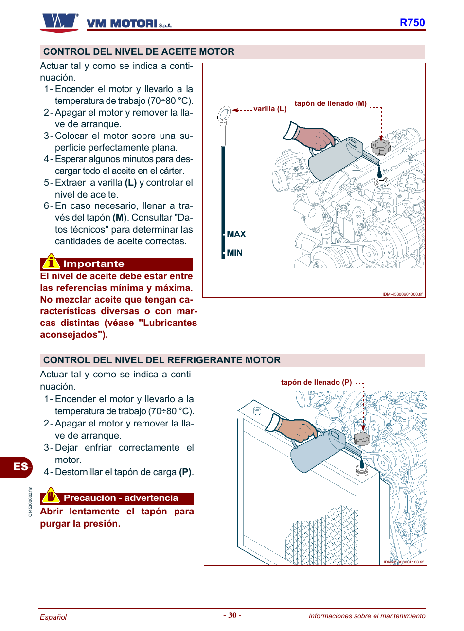 E "control del nivel de aceite motor, E "control del nivel del refrigerante motor, E "control del nivel de aceite motore | R750 | Karcher HD 19-100 De Tr1 User Manual | Page 210 / 224