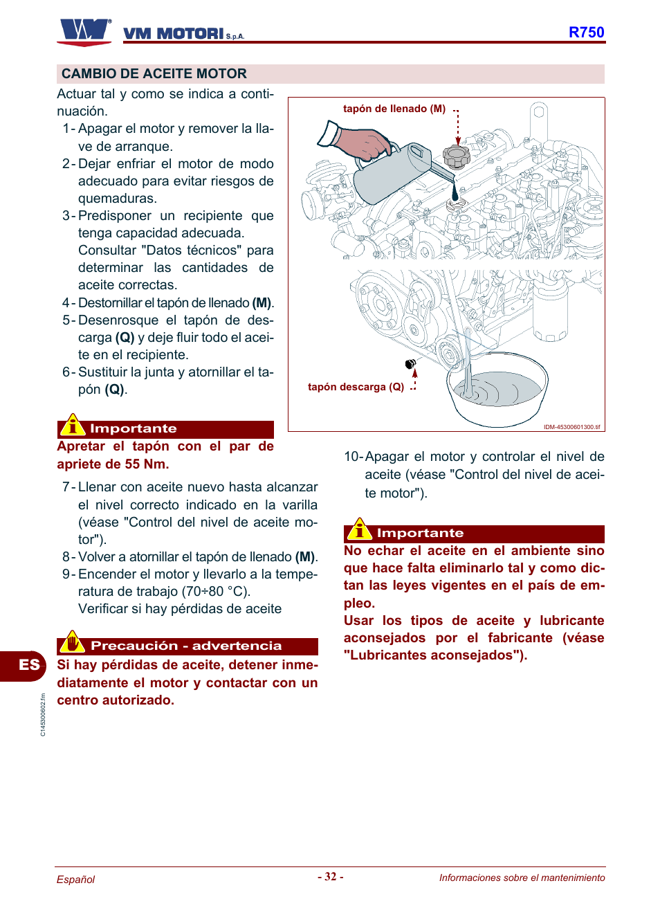 Cambio de aceite motor, Cambio de, Aceite motor | R750 | Karcher HD 19-100 De Tr1 User Manual | Page 212 / 224