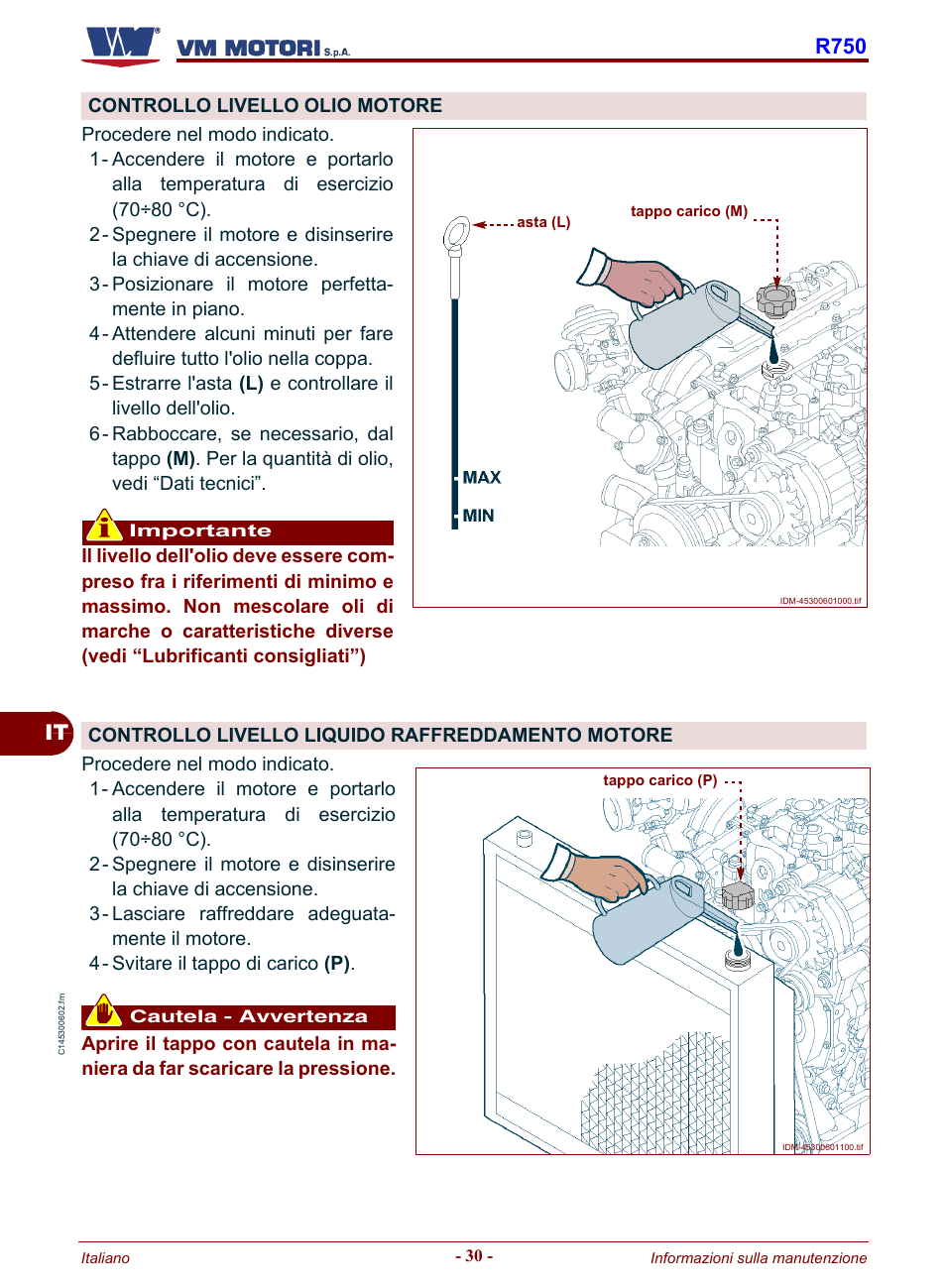 Controllo livello olio motore, Controllo livello liquido raffreddamento motore, Controllo livello liquido raffredda- mento motore | It r750 | Karcher HD 19-100 De Tr1 User Manual | Page 34 / 224