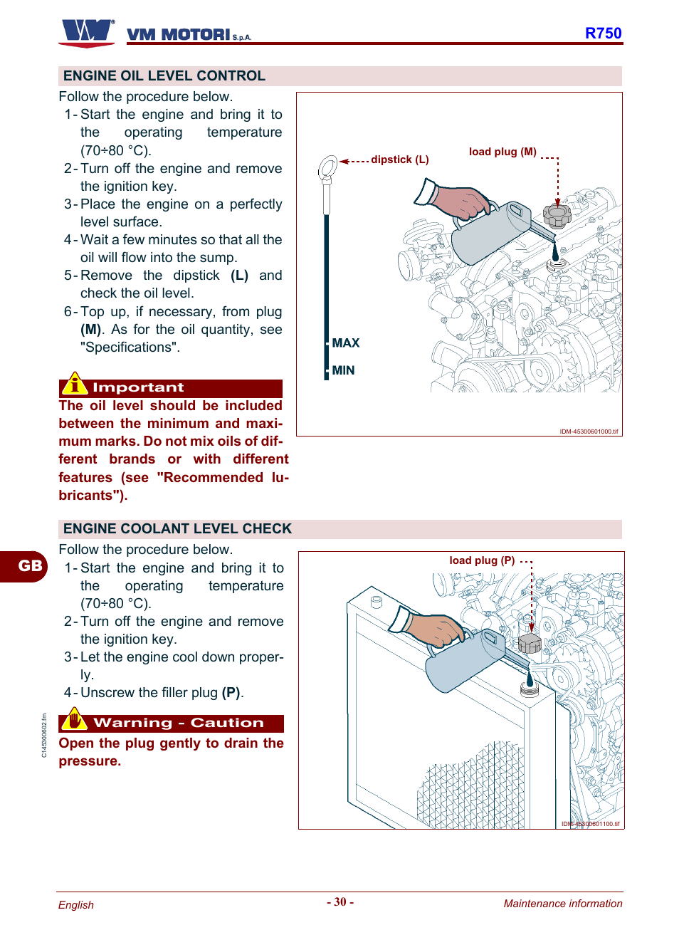 Engine oil level, Control, Engine coolant | Level check, Gb r750 | Karcher HD 19-100 De Tr1 User Manual | Page 78 / 224