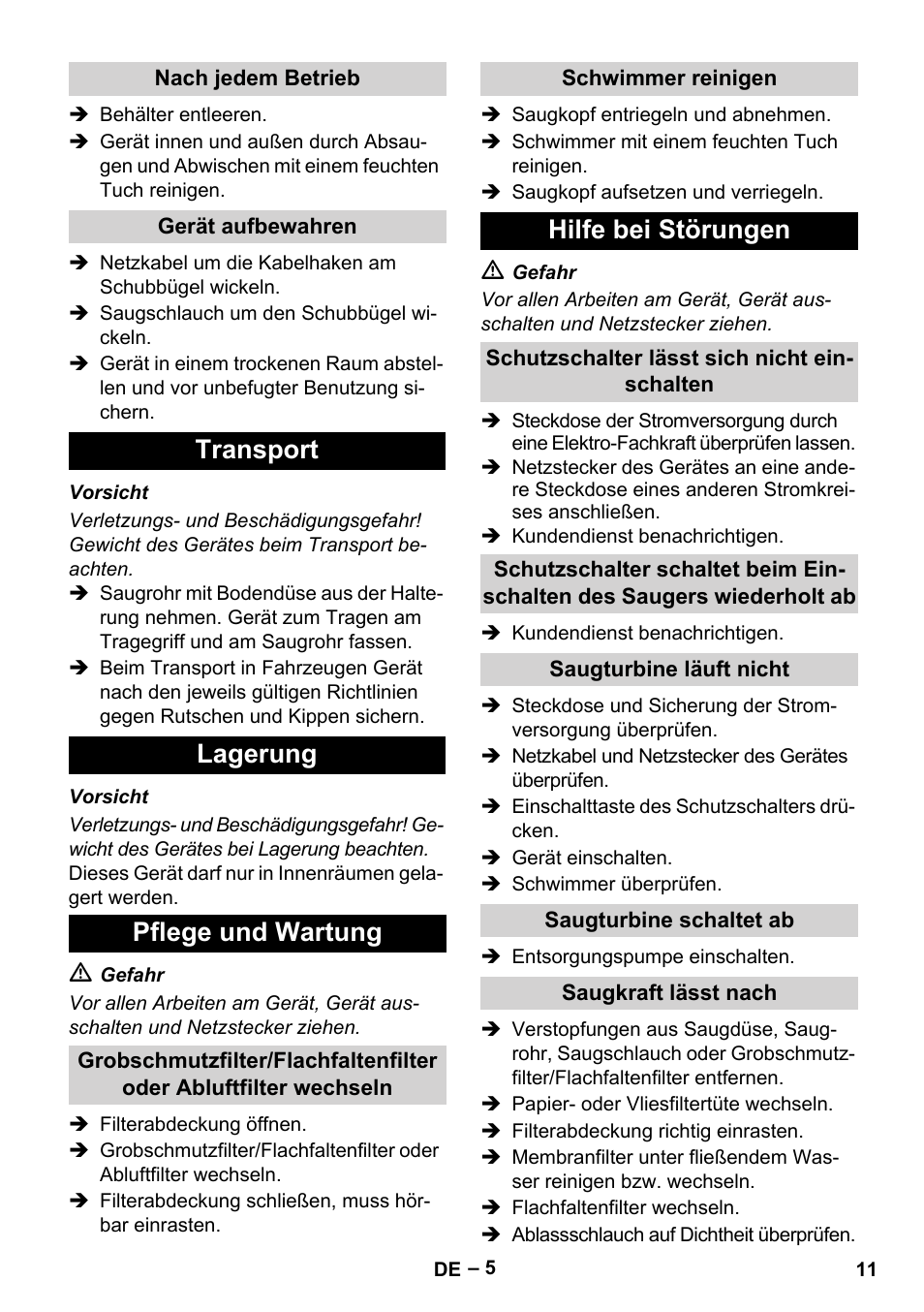 Transport lagerung pflege und wartung, Hilfe bei störungen | Karcher NT 611 User Manual | Page 11 / 212