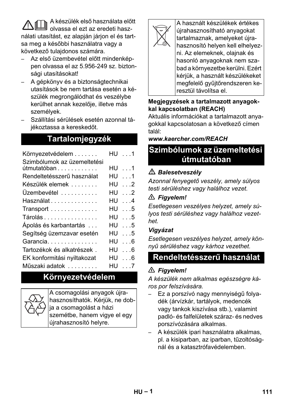 Magyar, Tartalomjegyzék, Környezetvédelem | Karcher NT 611 User Manual | Page 111 / 212