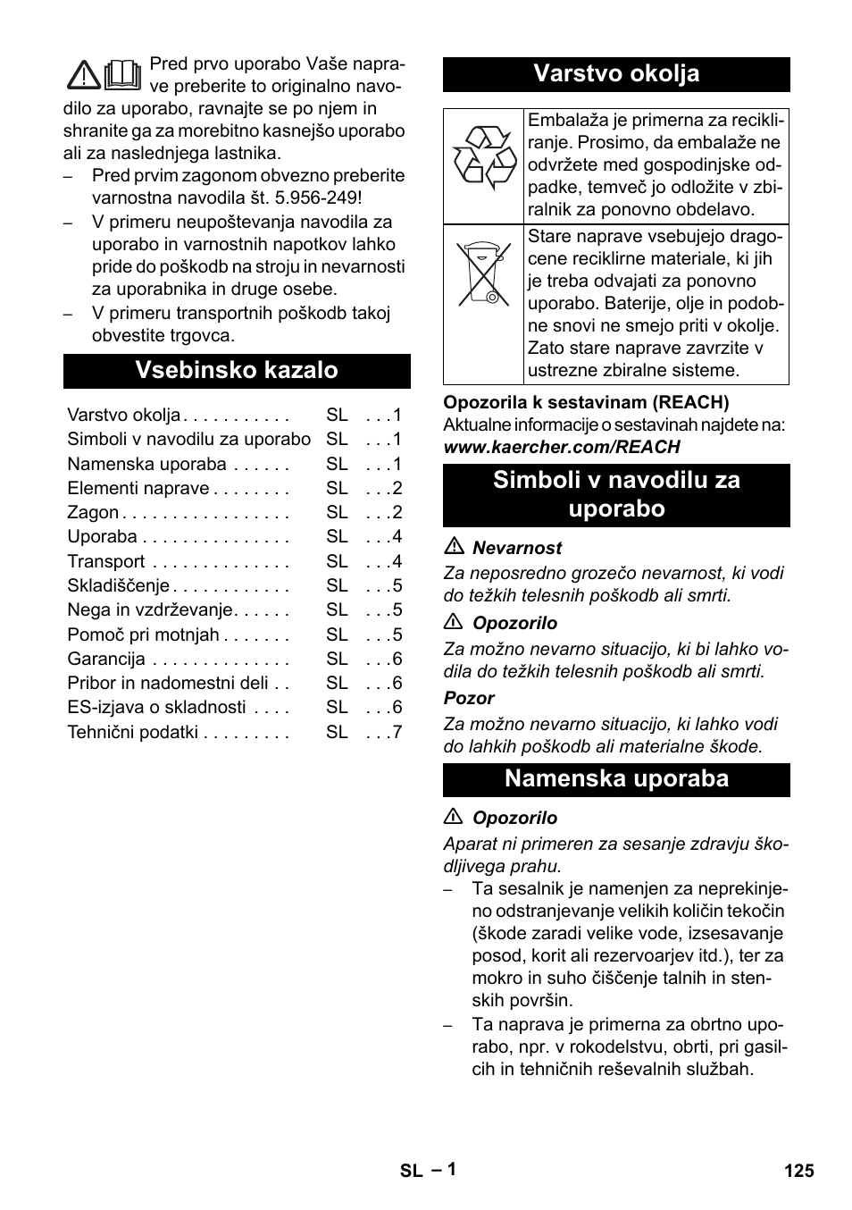 Slovenščina, Vsebinsko kazalo, Varstvo okolja | Simboli v navodilu za uporabo namenska uporaba | Karcher NT 611 User Manual | Page 125 / 212