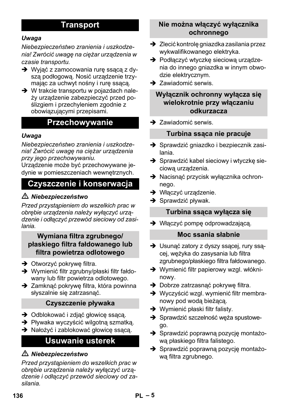 Transport przechowywanie czyszczenie i konserwacja, Usuwanie usterek | Karcher NT 611 User Manual | Page 136 / 212