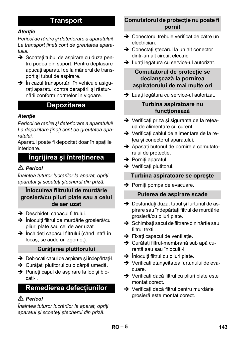 Transport depozitarea îngrijirea şi întreţinerea, Remedierea defecţiunilor | Karcher NT 611 User Manual | Page 143 / 212