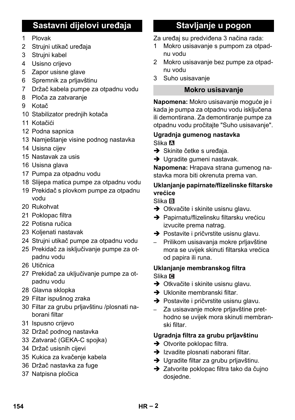 Sastavni dijelovi uređaja stavljanje u pogon | Karcher NT 611 User Manual | Page 154 / 212