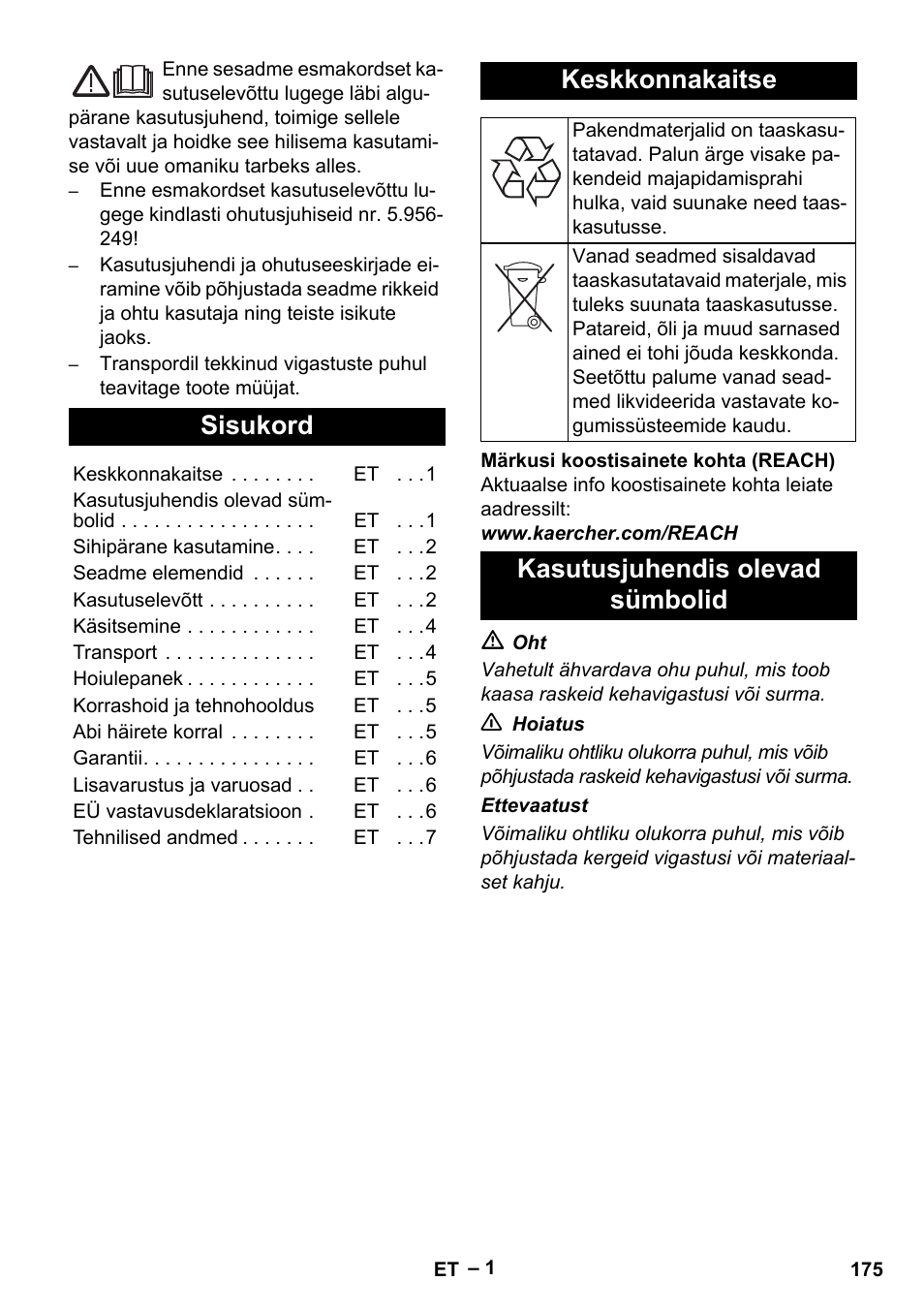 Eesti, Sisukord, Keskkonnakaitse | Kasutusjuhendis olevad sümbolid | Karcher NT 611 User Manual | Page 175 / 212