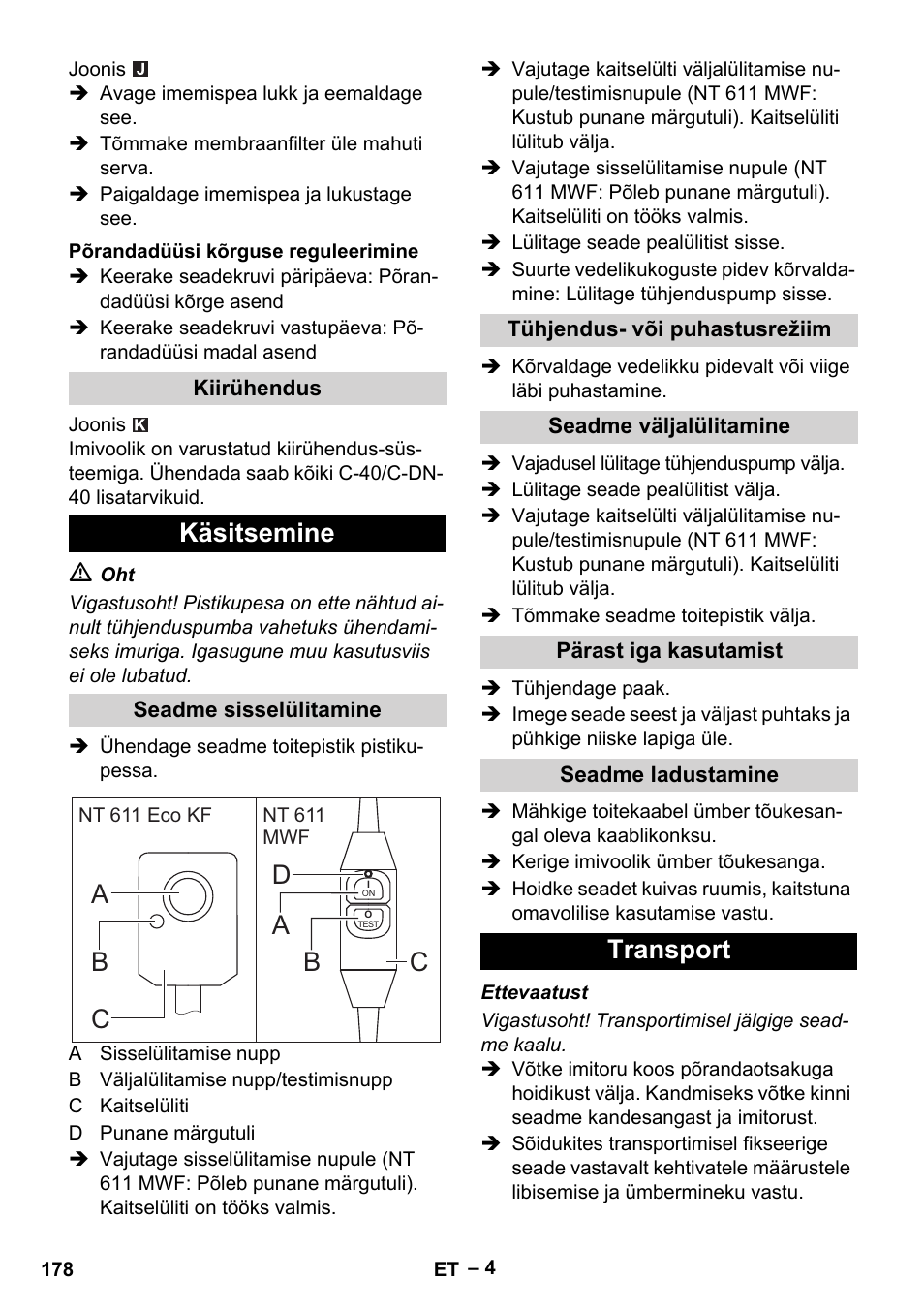 Käsitsemine, Ab d b, Transport | Karcher NT 611 User Manual | Page 178 / 212