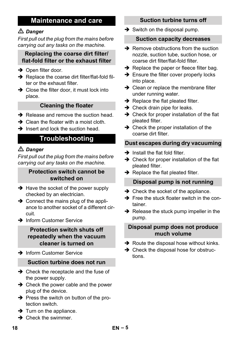 Maintenance and care, Troubleshooting | Karcher NT 611 User Manual | Page 18 / 212