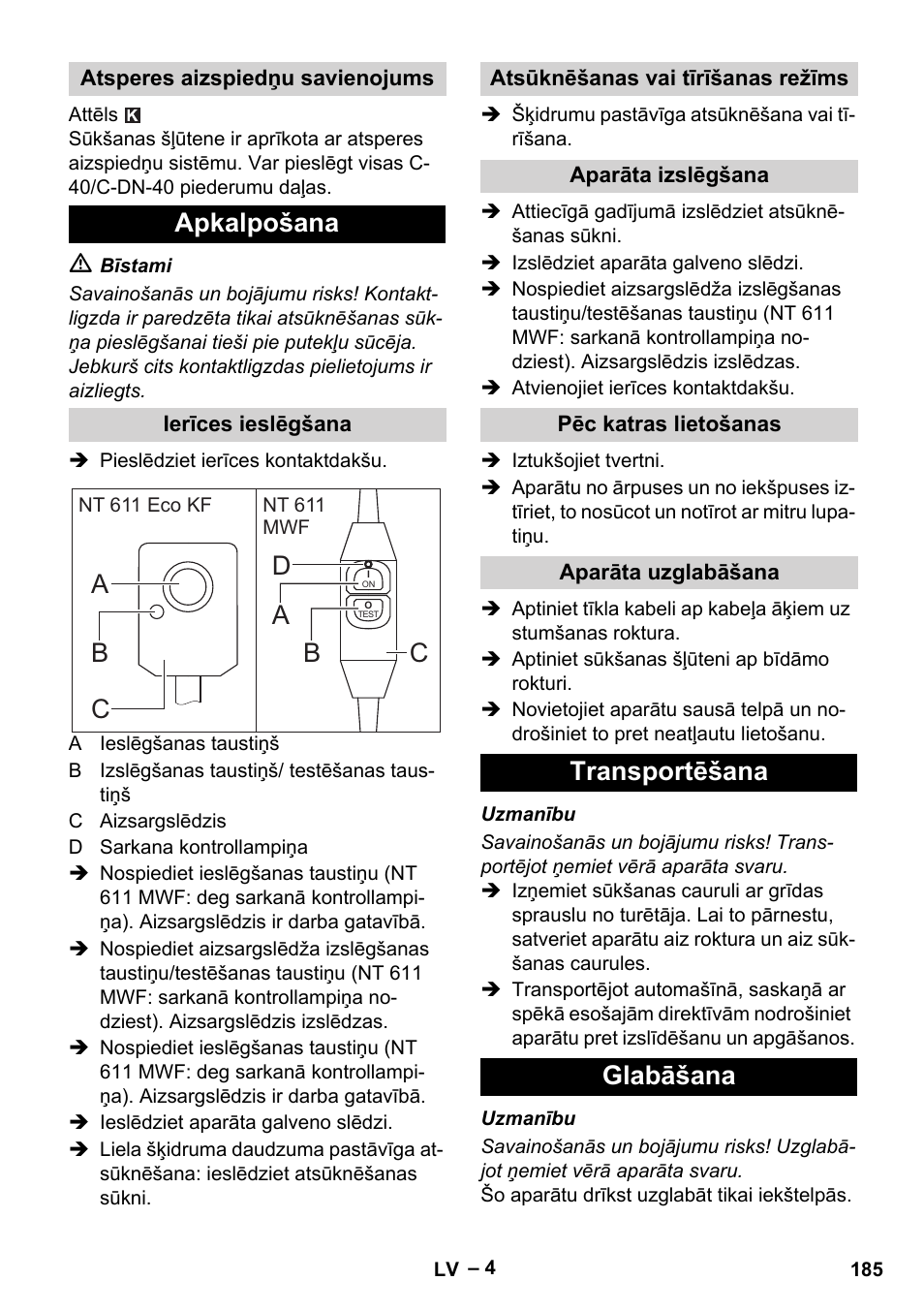 Apkalpošana, Ab d b, Transportēšana glabāšana | Karcher NT 611 User Manual | Page 185 / 212