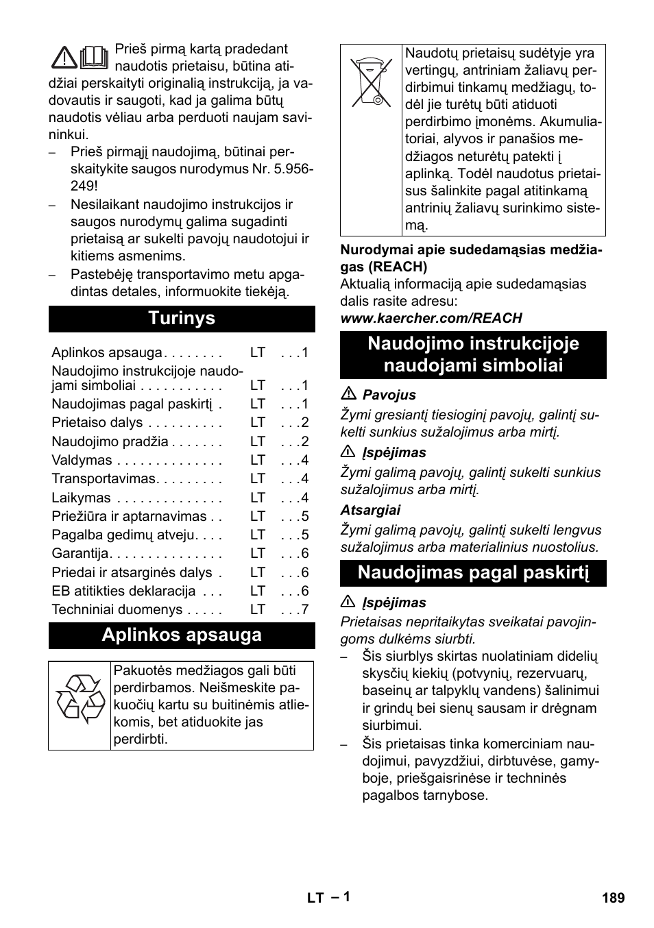 Lietuviškai, Turinys, Aplinkos apsauga | Karcher NT 611 User Manual | Page 189 / 212