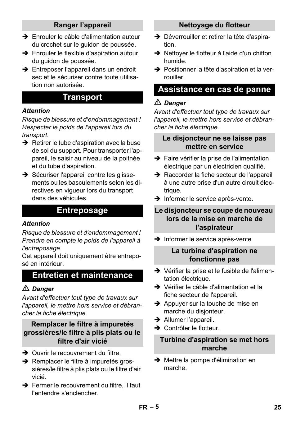 Transport entreposage entretien et maintenance, Assistance en cas de panne | Karcher NT 611 User Manual | Page 25 / 212
