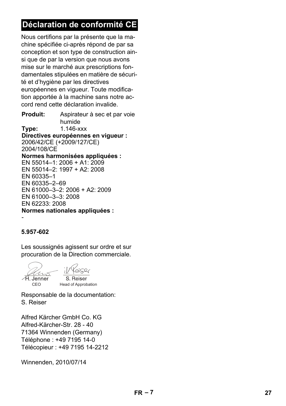 Déclaration de conformité ce | Karcher NT 611 User Manual | Page 27 / 212