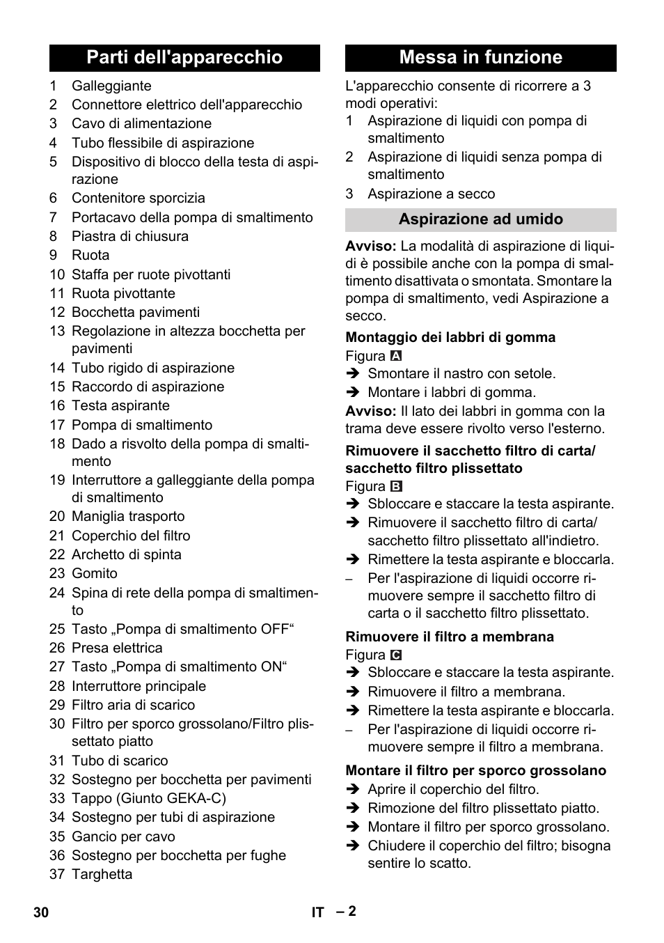 Parti dell'apparecchio messa in funzione | Karcher NT 611 User Manual | Page 30 / 212