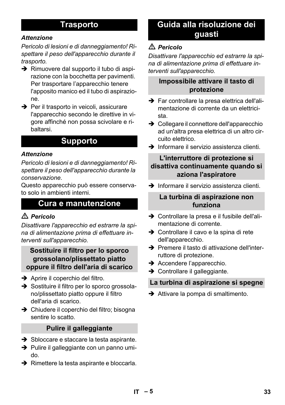 Trasporto supporto cura e manutenzione, Guida alla risoluzione dei guasti | Karcher NT 611 User Manual | Page 33 / 212