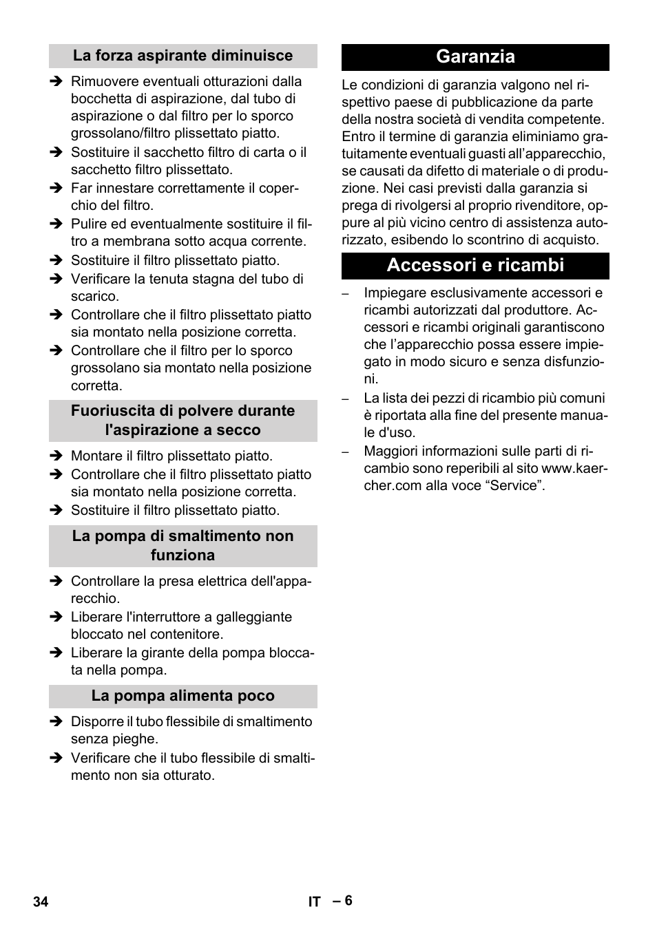Garanzia accessori e ricambi | Karcher NT 611 User Manual | Page 34 / 212