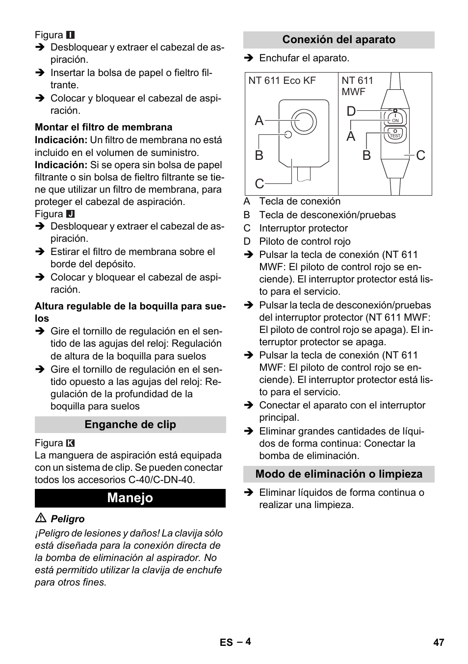 Manejo, Ab d b | Karcher NT 611 User Manual | Page 47 / 212