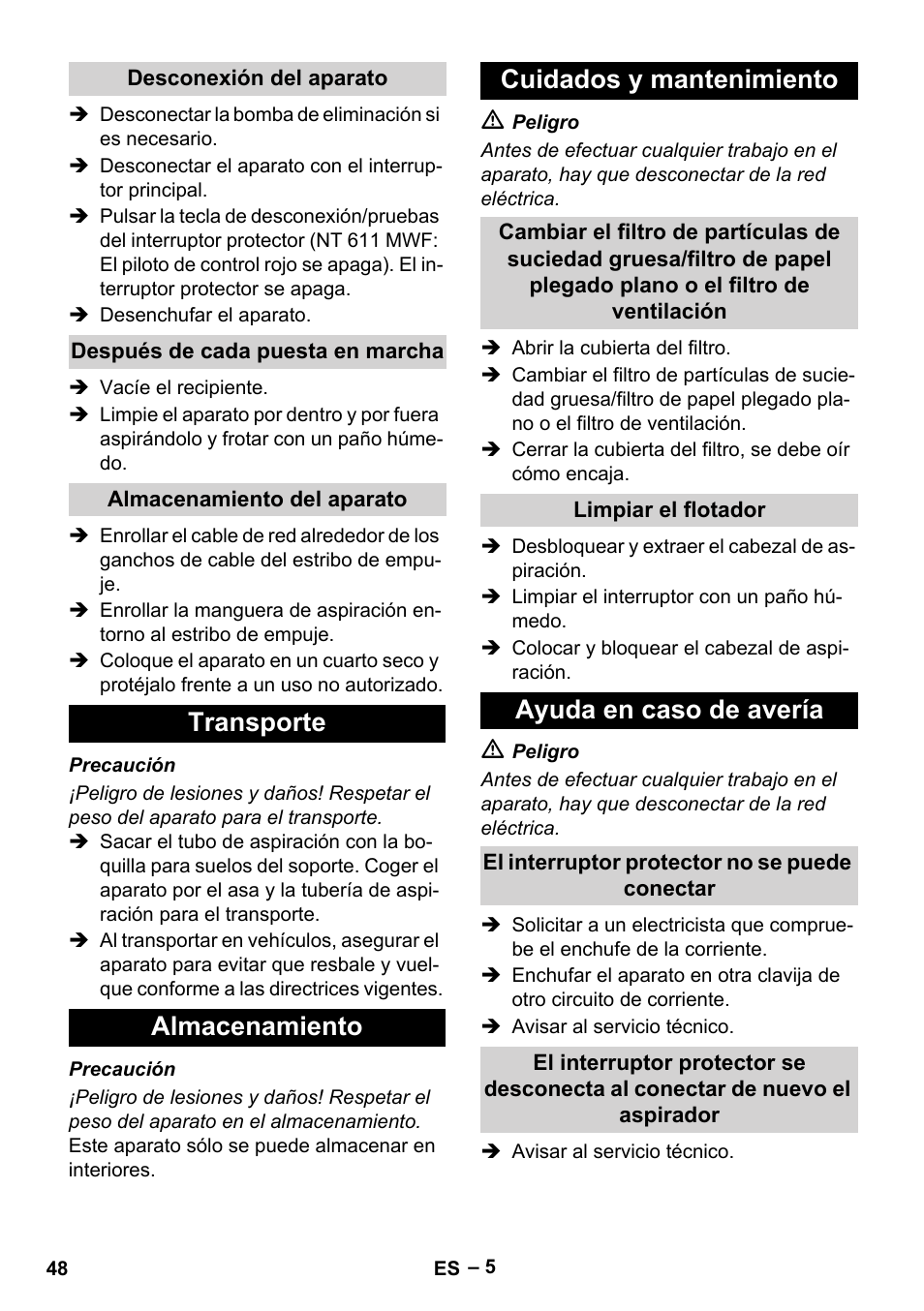 Transporte almacenamiento cuidados y mantenimiento, Ayuda en caso de avería | Karcher NT 611 User Manual | Page 48 / 212