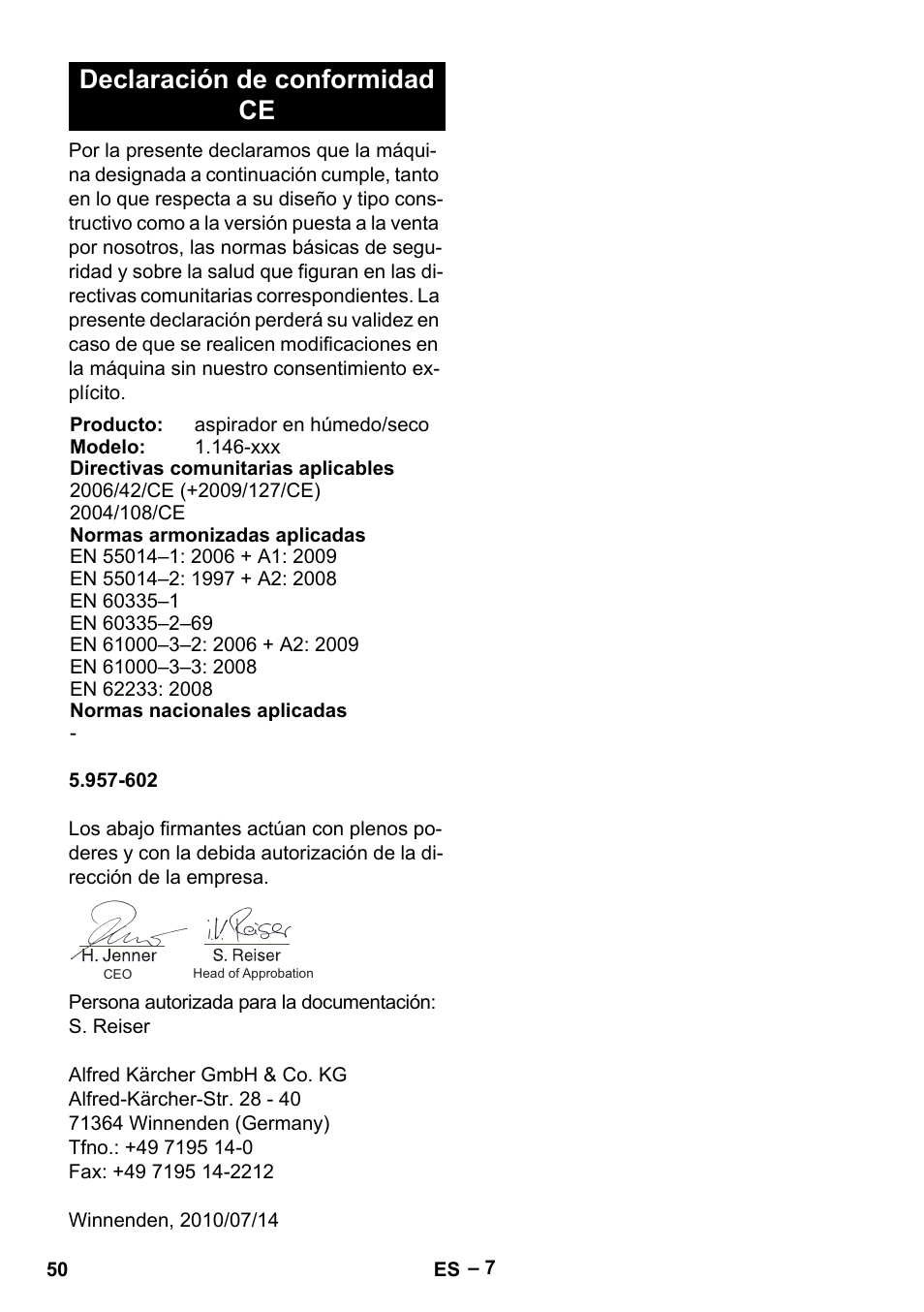 Declaración de conformidad ce | Karcher NT 611 User Manual | Page 50 / 212