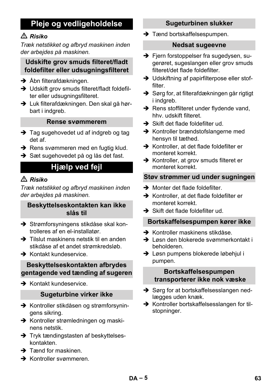 Pleje og vedligeholdelse, Hjælp ved fejl | Karcher NT 611 User Manual | Page 63 / 212