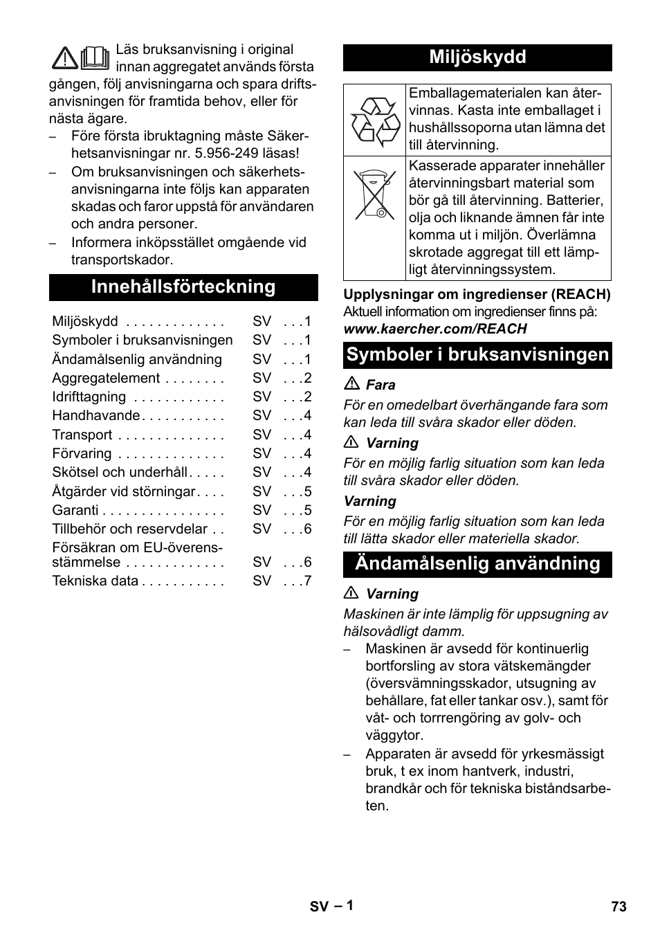 Svenska, Innehållsförteckning, Miljöskydd | Karcher NT 611 User Manual | Page 73 / 212