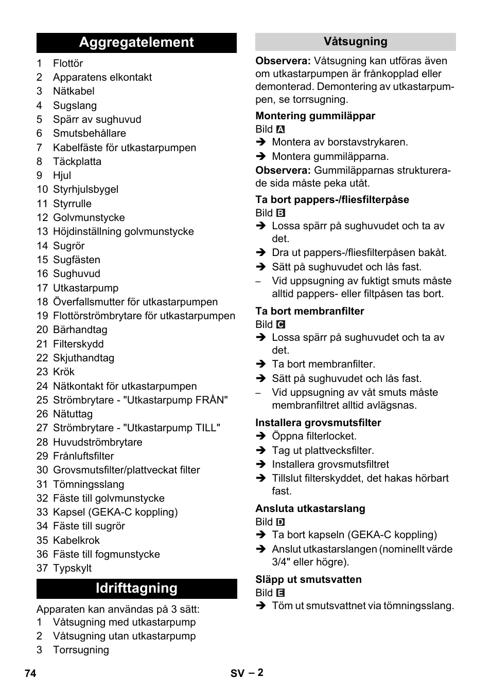 Aggregatelement idrifttagning | Karcher NT 611 User Manual | Page 74 / 212
