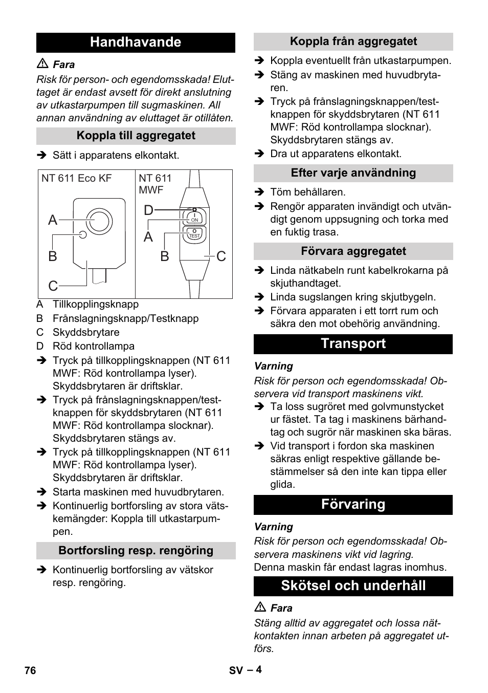 Handhavande, Ab d b, Transport förvaring skötsel och underhåll | Karcher NT 611 User Manual | Page 76 / 212