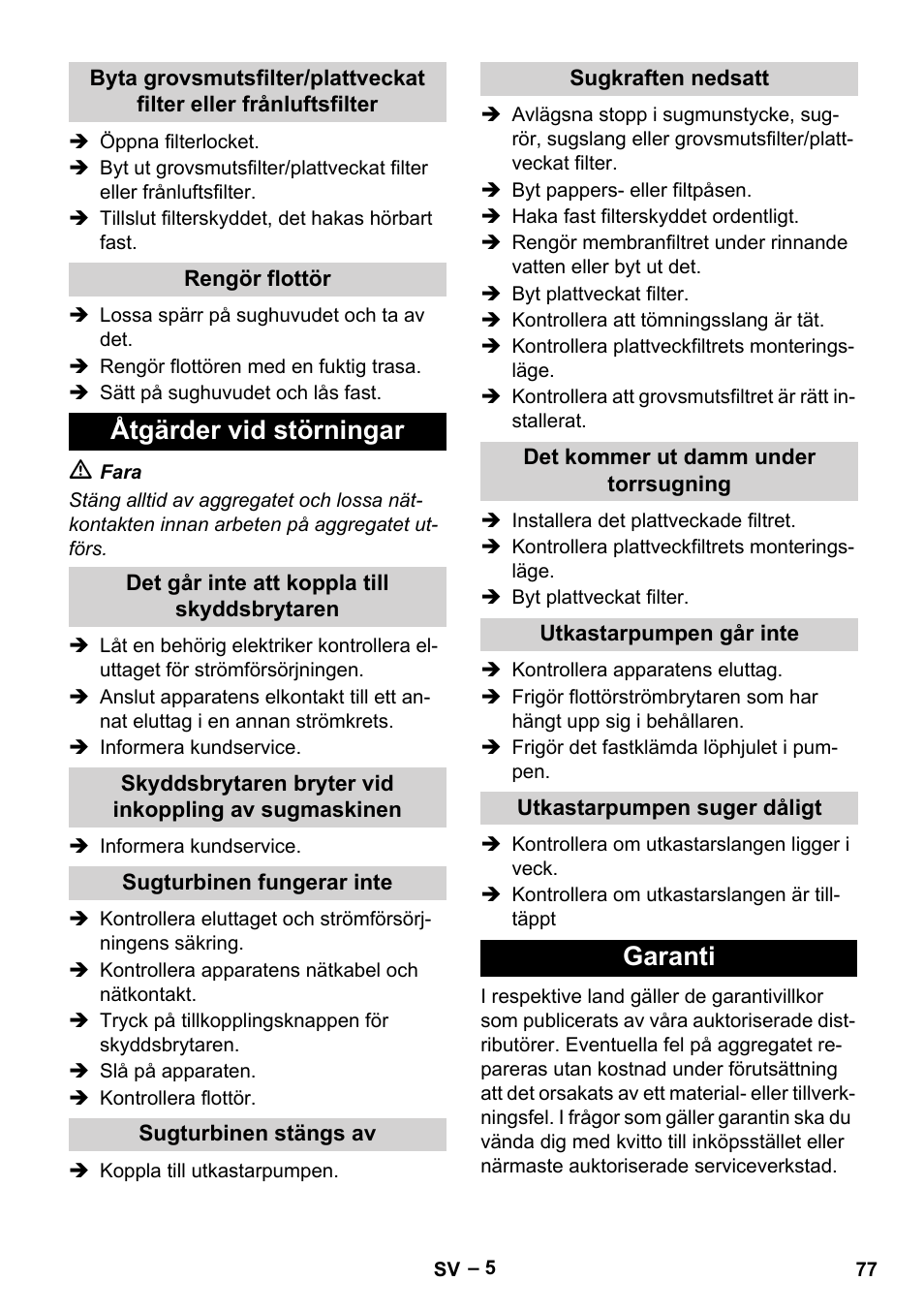 Åtgärder vid störningar, Garanti | Karcher NT 611 User Manual | Page 77 / 212