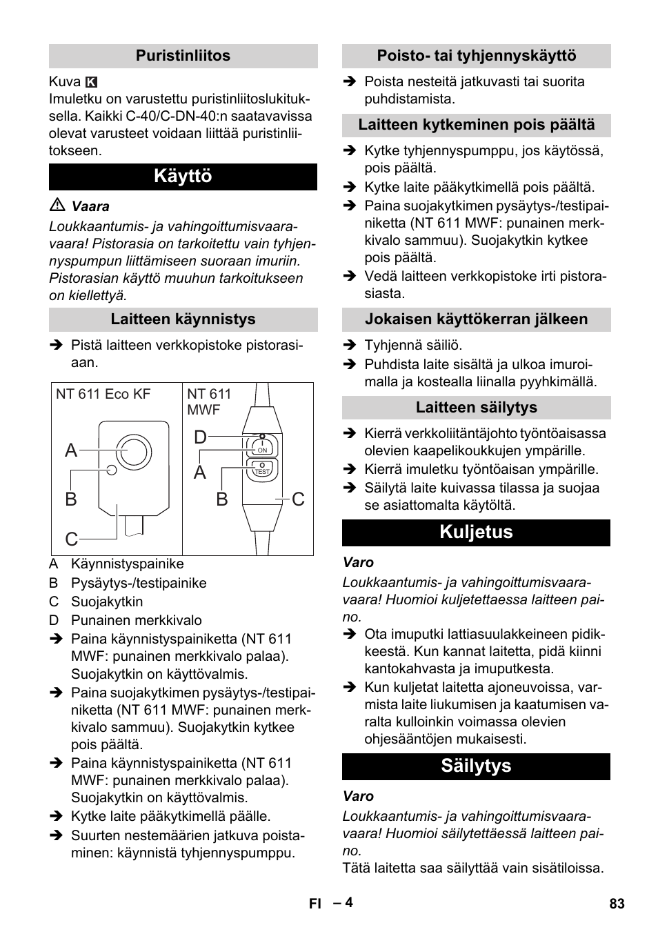 Käyttö, Ab d b, Kuljetus säilytys | Karcher NT 611 User Manual | Page 83 / 212