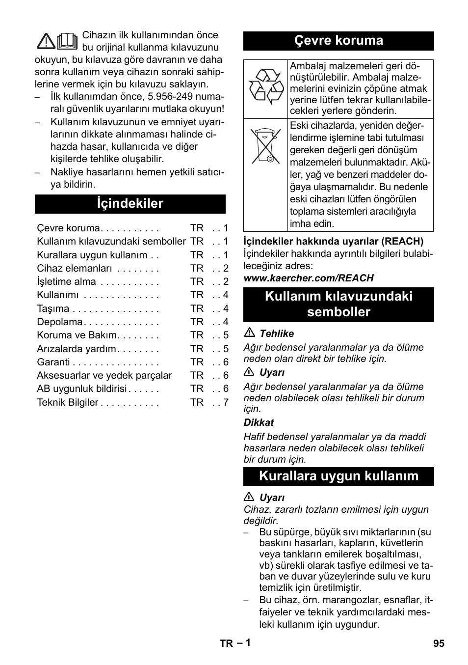 Türkçe, Içindekiler, Çevre koruma | Karcher NT 611 User Manual | Page 95 / 212