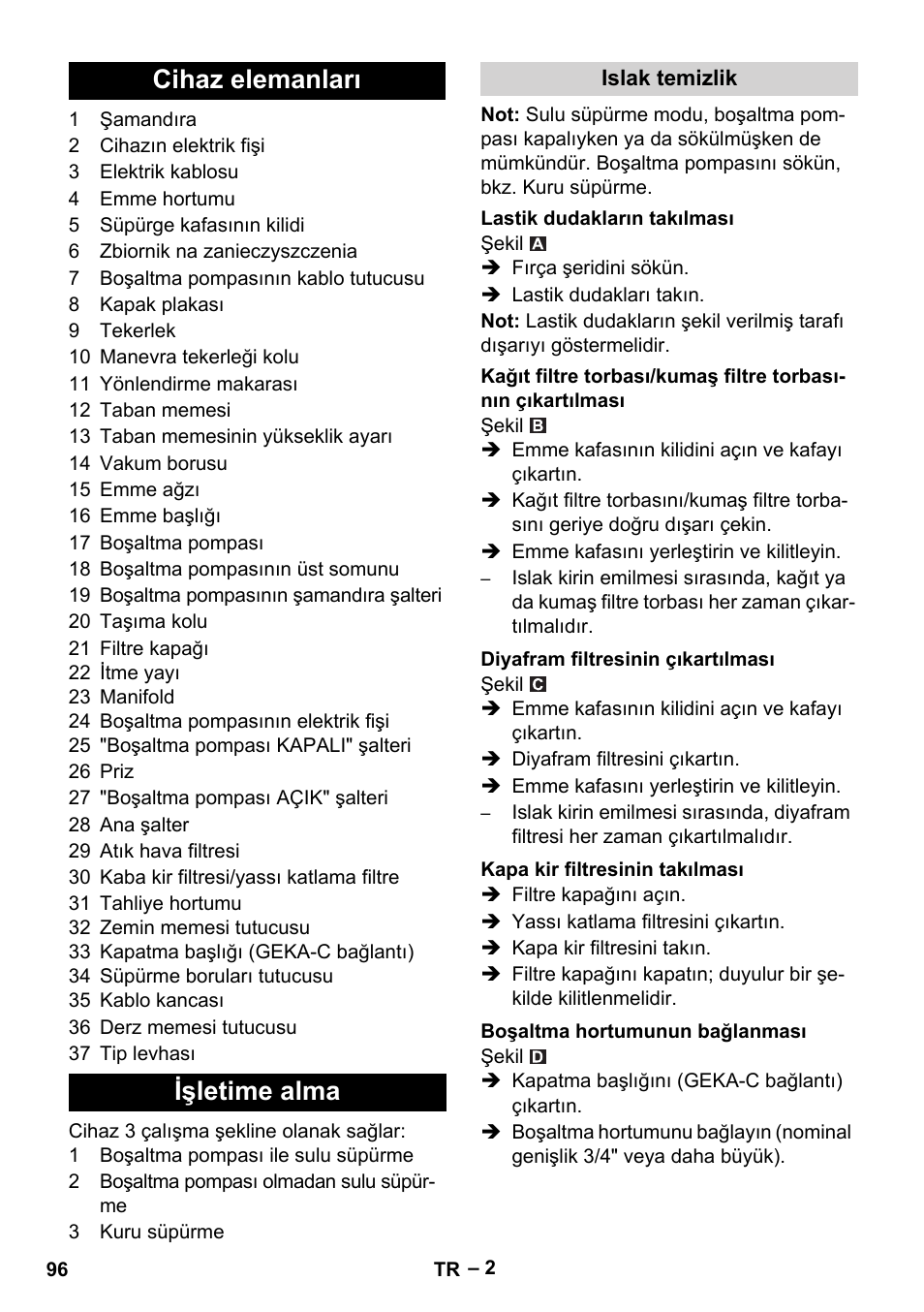 Cihaz elemanları işletime alma | Karcher NT 611 User Manual | Page 96 / 212