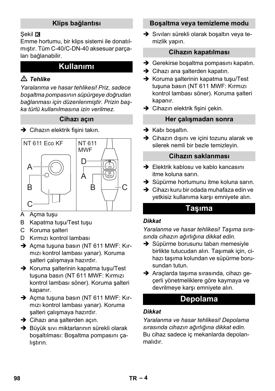 Kullanımı, Ab d b, Taşıma depolama | Karcher NT 611 User Manual | Page 98 / 212