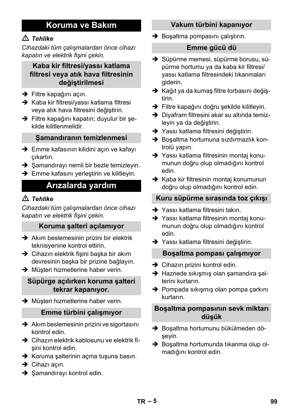 Koruma ve bakım, Arızalarda yardım | Karcher NT 611 User Manual | Page 99 / 212