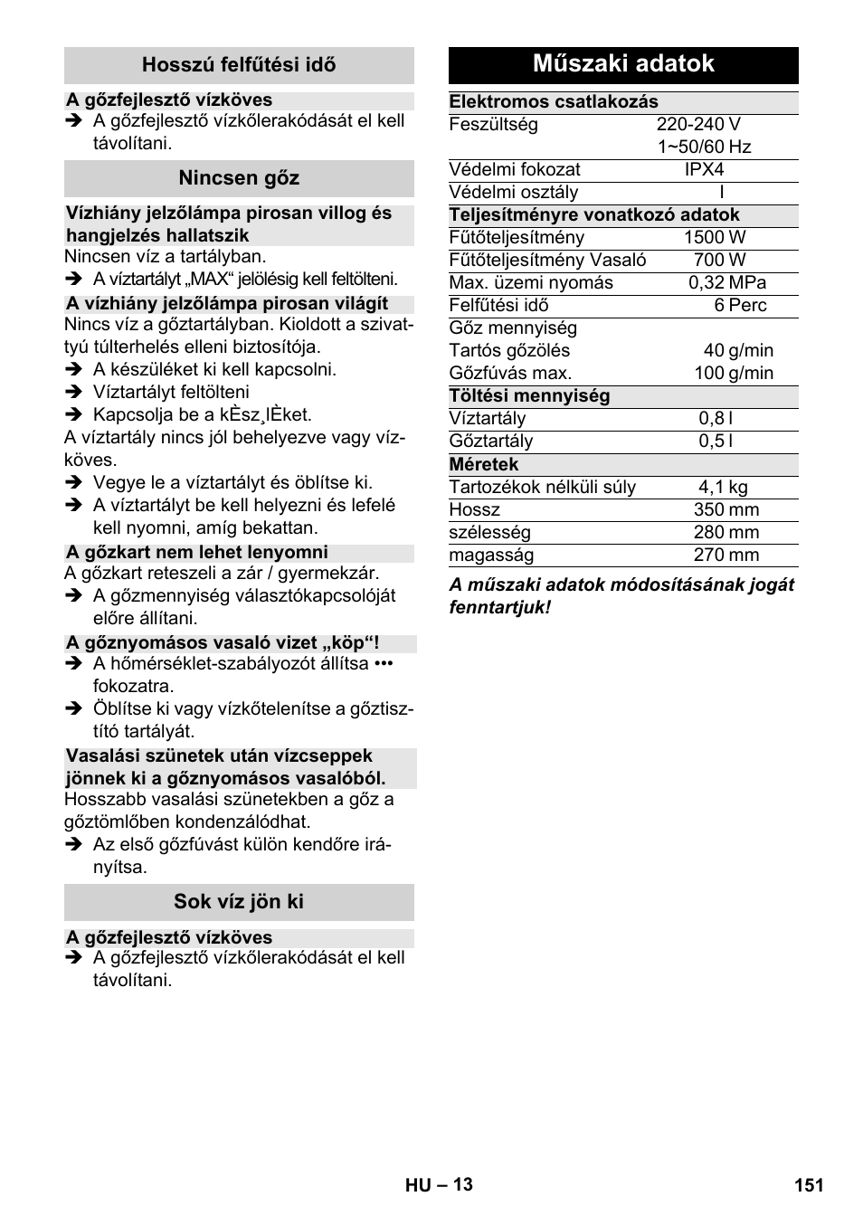 Műszaki adatok | Karcher Stirerie SI 2-600 CB User Manual | Page 151 / 286