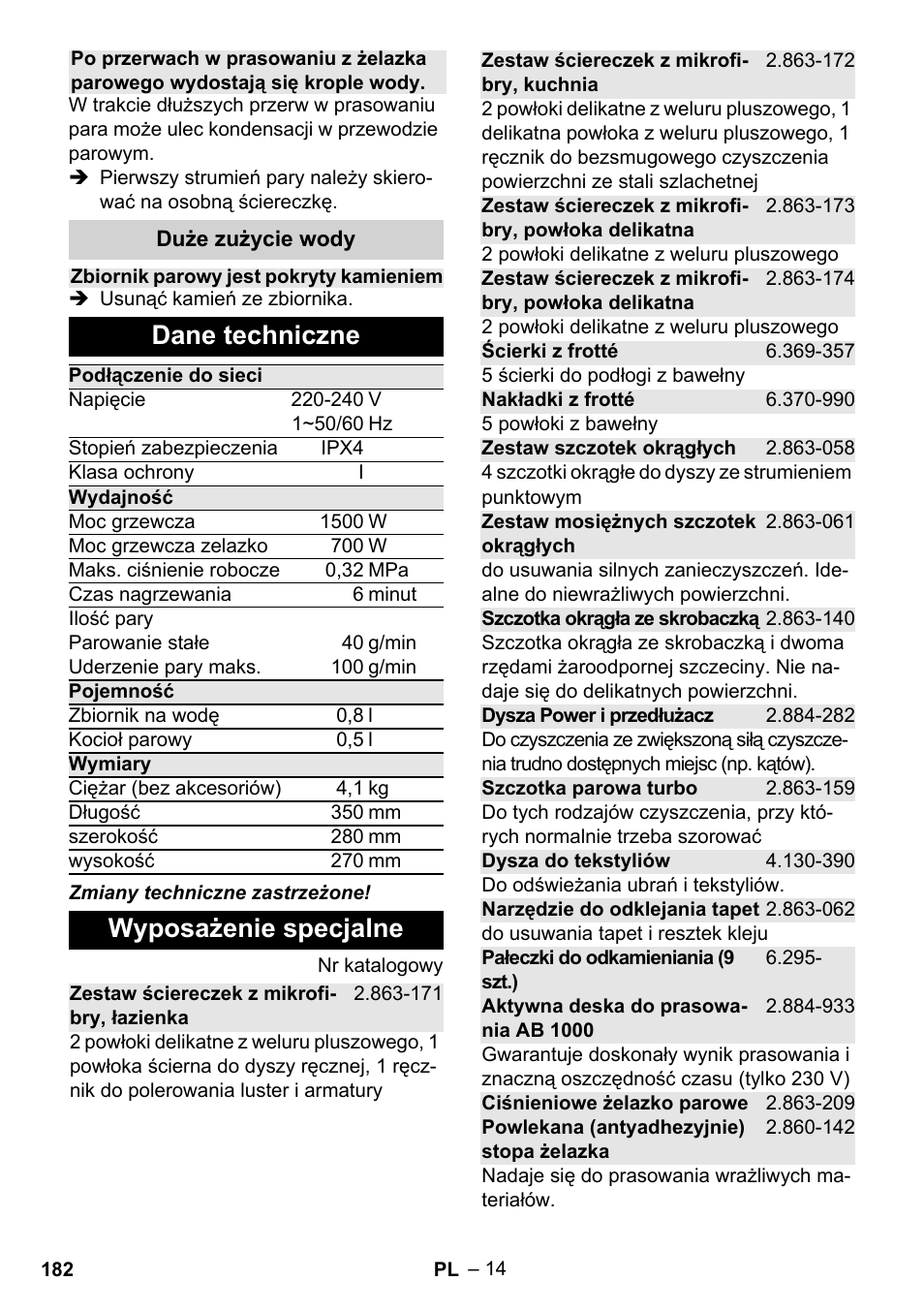 Dane techniczne, Wyposażenie specjalne | Karcher Stirerie SI 2-600 CB User Manual | Page 182 / 286