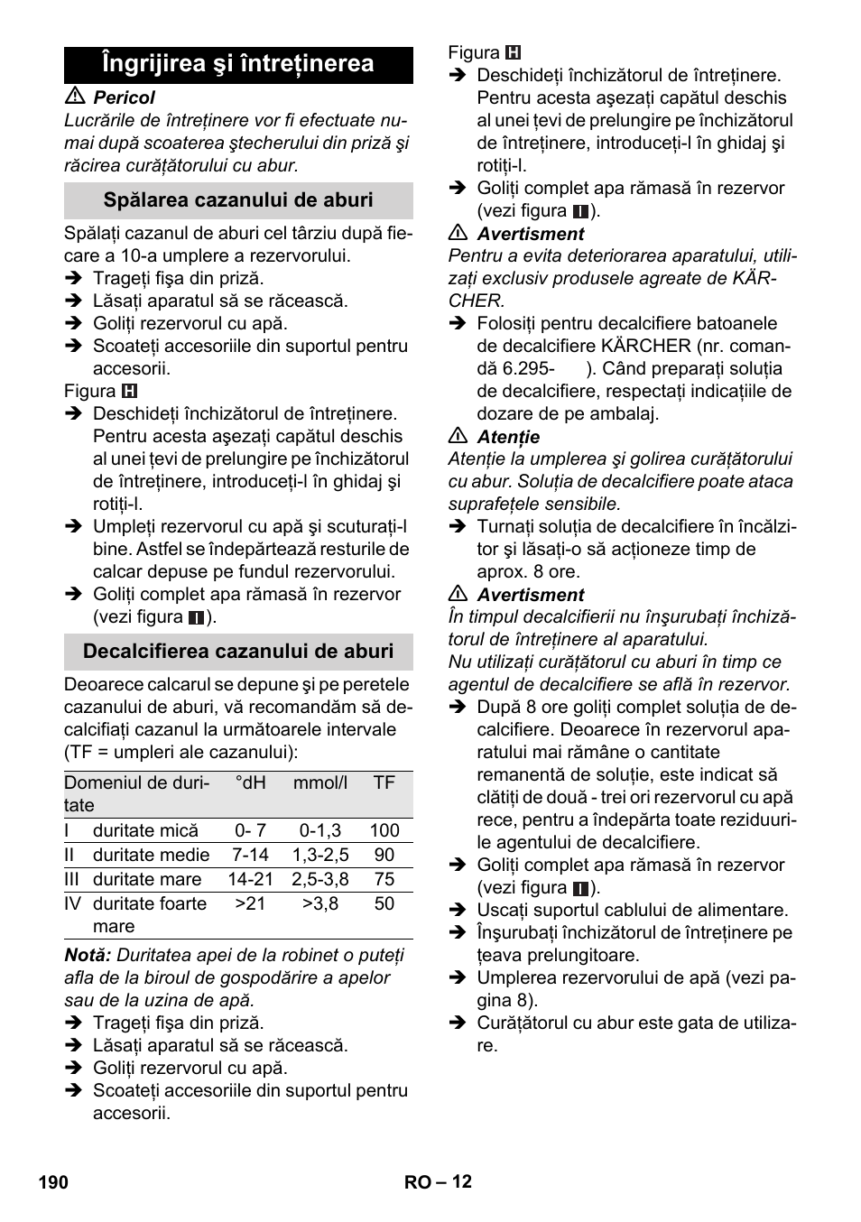 Îngrijirea şi întreţinerea | Karcher Stirerie SI 2-600 CB User Manual | Page 190 / 286